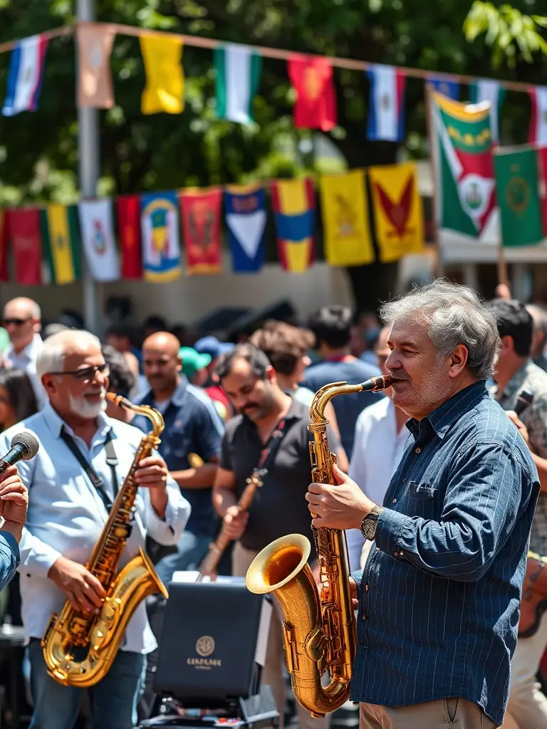 A photograph of Pierrick Pedron collaborating with international musicians during a cultural festival, highlighting PEDRON OMRY's role in promoting cultural diversity.
