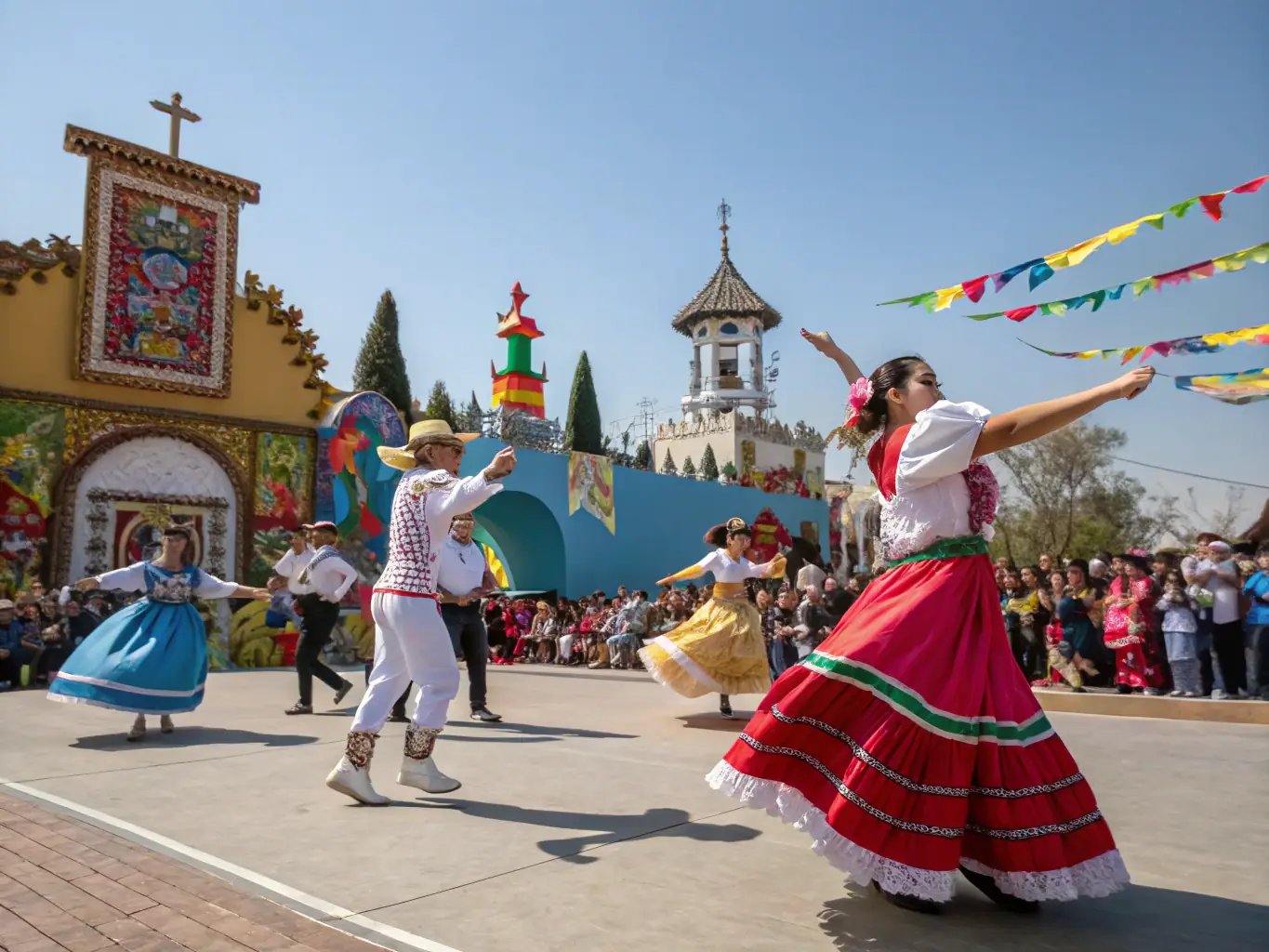 A photograph capturing a scene from an international cultural festival organized in collaboration with PEDRON OMRY, showcasing diverse musical performances and cultural displays from around the world.