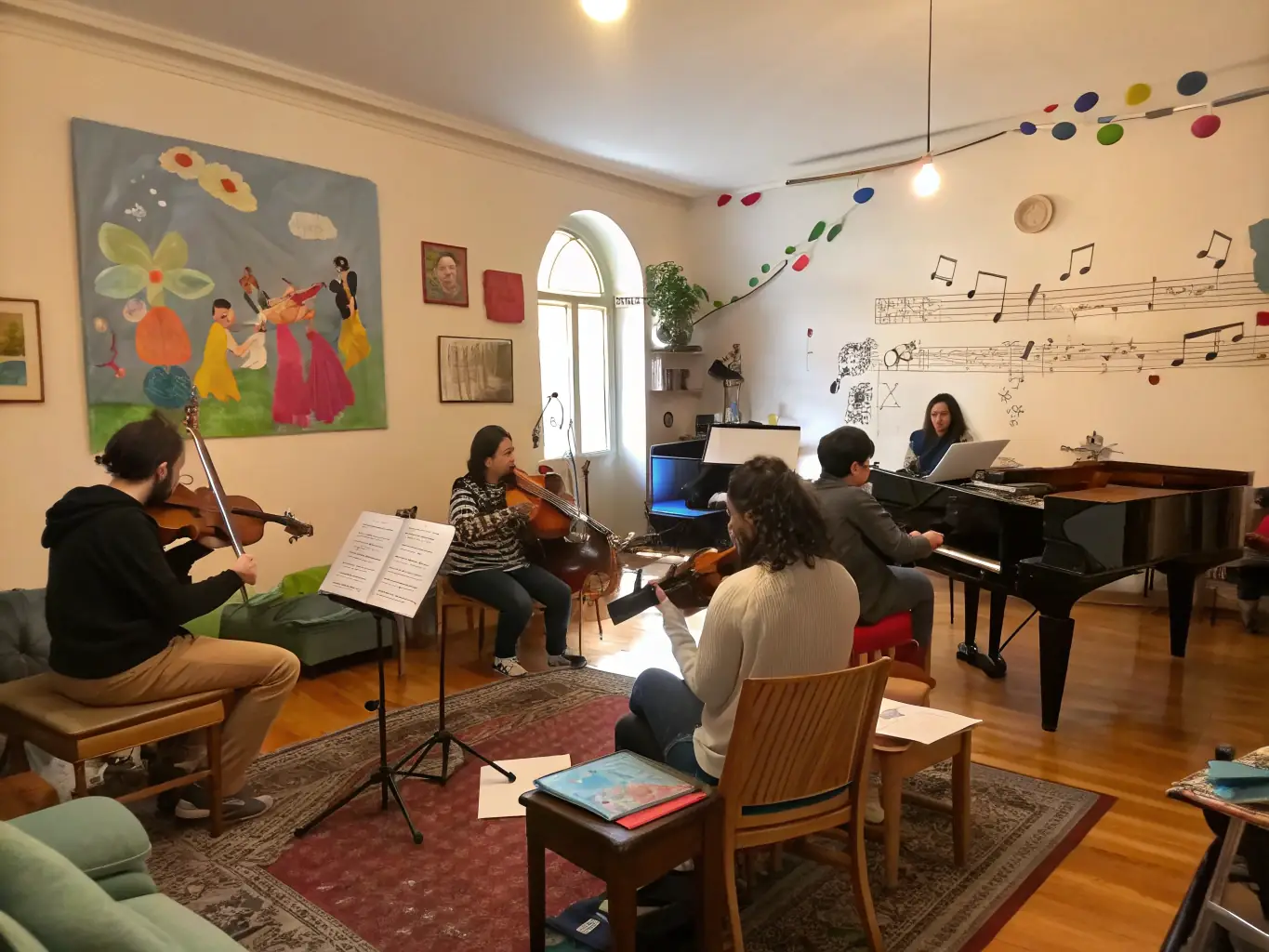 A photograph of a community music workshop in session, showing instructors guiding participants of all ages in learning and playing musical instruments.