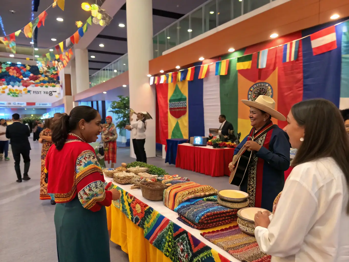 A colorful image of an international cultural festival, showcasing various musical performances and cultural displays from different countries, highlighting the diversity and richness of global traditions.