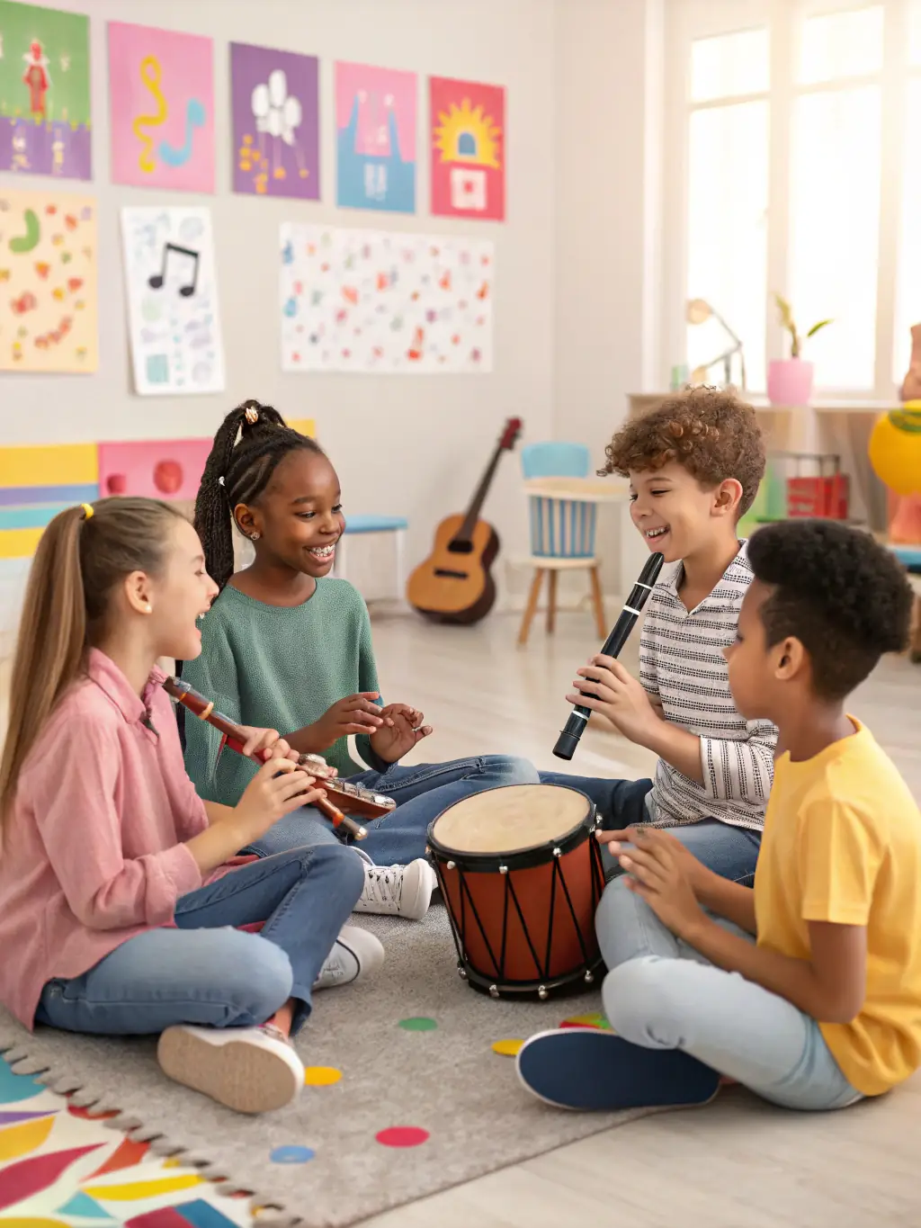 A heartwarming image of children participating in a music workshop led by PEDRON OMRY, demonstrating the organization's commitment to music education.
