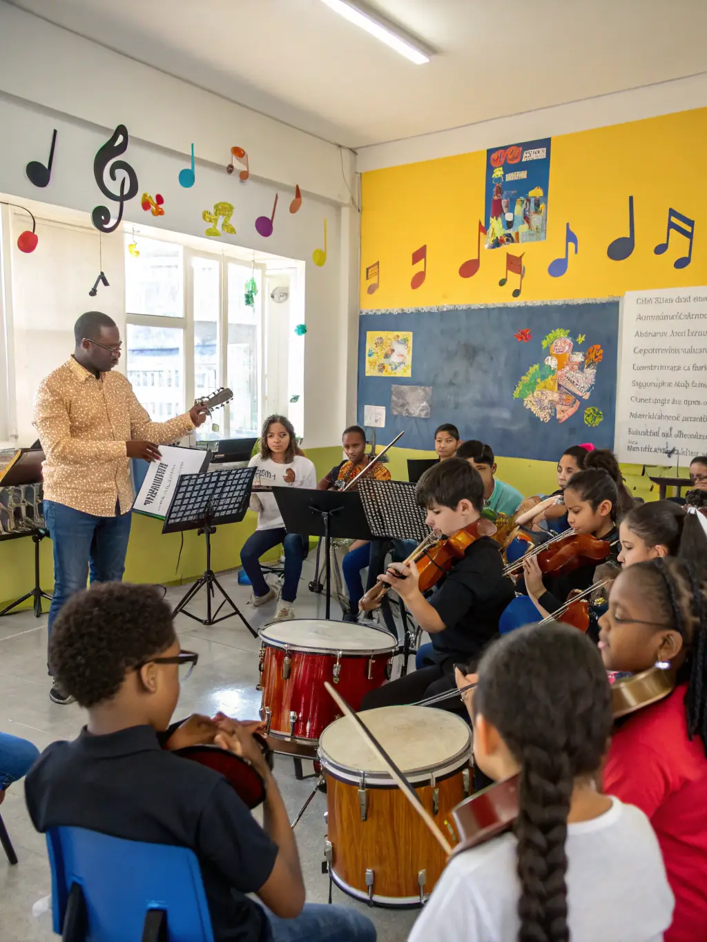 A photo of a community music workshop led by PEDRON OMRY, showing participants of various ages engaged in learning and playing musical instruments.