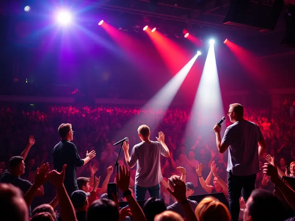 A vibrant image of a live concert organized by PEDRON OMRY, featuring musicians on stage and an enthusiastic audience, capturing the energy and excitement of the event.