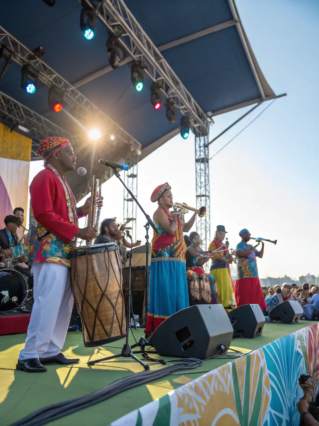 A photo from an international cultural festival where PEDRON OMRY collaborated, depicting musicians from different countries performing together, symbolizing cultural diversity and collaboration.
